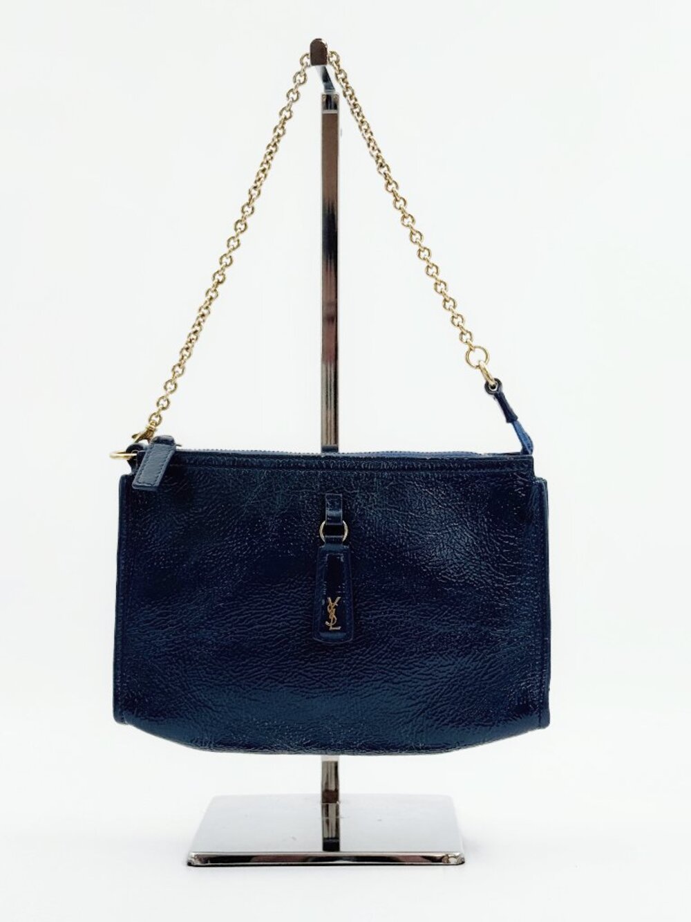 Saint Laurent YSL Navy Patent Leather Chain Shoulder Bag